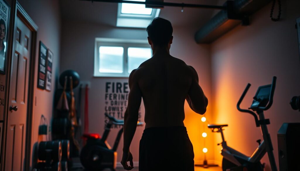 A dimly lit, cozy home gym setting. In the foreground, a determined individual is mid-workout, their muscular form silhouetted against a backdrop of motivational fitness equipment - free weights, resistance bands, and a sleek exercise bike. Soft, warm lighting bathes the scene, creating a sense of focus and intensity. The middle ground features inspiring motivational quotes or phrases displayed on the walls, subtly encouraging the viewer. In the background, a window or skylight allows natural daylight to filter in, symbolizing the journey towards personal growth and achievement. The overall atmosphere radiates a powerful combination of discipline, perseverance, and a deep sense of purpose.