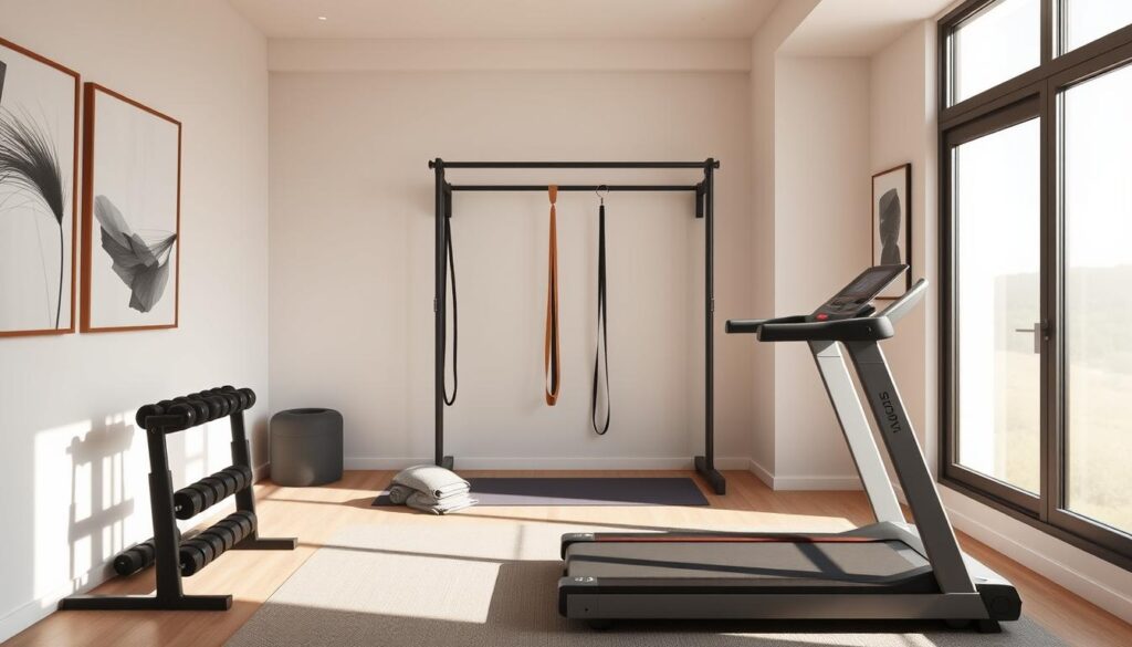 A modern and compact home gym setup, featuring space-saving exercise equipment arranged in a sleek, minimalist interior. The foreground showcases a folding treadmill, adjustable dumbbells, and a resistance band rack, all in muted tones that blend seamlessly with the environment. The middle ground includes a wall-mounted pull-up bar and a yoga mat rolled up neatly in the corner. The background features large windows letting in abundant natural light, and the walls are adorned with minimalist artwork, creating a serene and rejuvenating atmosphere. The overall composition emphasizes efficient use of limited space, allowing the user to maintain a comprehensive home workout routine without sacrificing style or comfort.