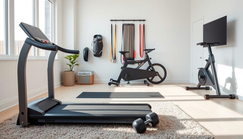 A modern, minimalist home gym featuring a variety of compact, space-saving fitness equipment. In the foreground, a sleek, foldable treadmill and a set of adjustable dumbbells sit on a plush, neutral-toned area rug. In the middle ground, a multi-functional resistance band system mounts discreetly to the wall, while a folding exercise bike tucks neatly into the corner. The background showcases clean, white walls and large windows that allow natural light to flood the room, creating a bright, airy atmosphere. The overall mood is one of efficiency, practicality, and a dedication to well-being within a limited living space. A modern, minimalist home gym featuring a variety of compact, space-saving fitness equipment. In the foreground, a sleek, foldable treadmill and a set of adjustable dumbbells sit on a plush, neutral-toned area rug. In the middle ground, a multi-functional resistance band system mounts discreetly to the wall, while a folding exercise bike tucks neatly into the corner. The background showcases clean, white walls and large windows that allow natural light to flood the room, creating a bright, airy atmosphere. The overall mood is one of efficiency, practicality, and a dedication to well-being within a limited living space.