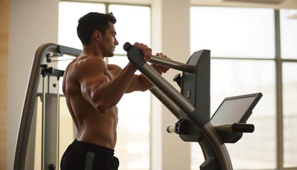 A person performing a strength training exercise at a modern, adjustable weight training station in a bright, airy fitness studio. The subject is shown in profile, their muscular form silhouetted against a backdrop of large windows that flood the space with natural light. The weight stack glints as it slides smoothly through the machine's sleek, minimalist frame. The exerciser's expression is one of focused intensity as they push the resistance, their body locked in perfect form. The atmosphere is clean, contemporary, and conducive to an effective, productive workout session. A person performing a strength training exercise at a modern, adjustable weight training station in a bright, airy fitness studio. The subject is shown in profile, their muscular form silhouetted against a backdrop of large windows that flood the space with natural light. The weight stack glints as it slides smoothly through the machine's sleek, minimalist frame. The exerciser's expression is one of focused intensity as they push the resistance, their body locked in perfect form. The atmosphere is clean, contemporary, and conducive to an effective, productive workout session.