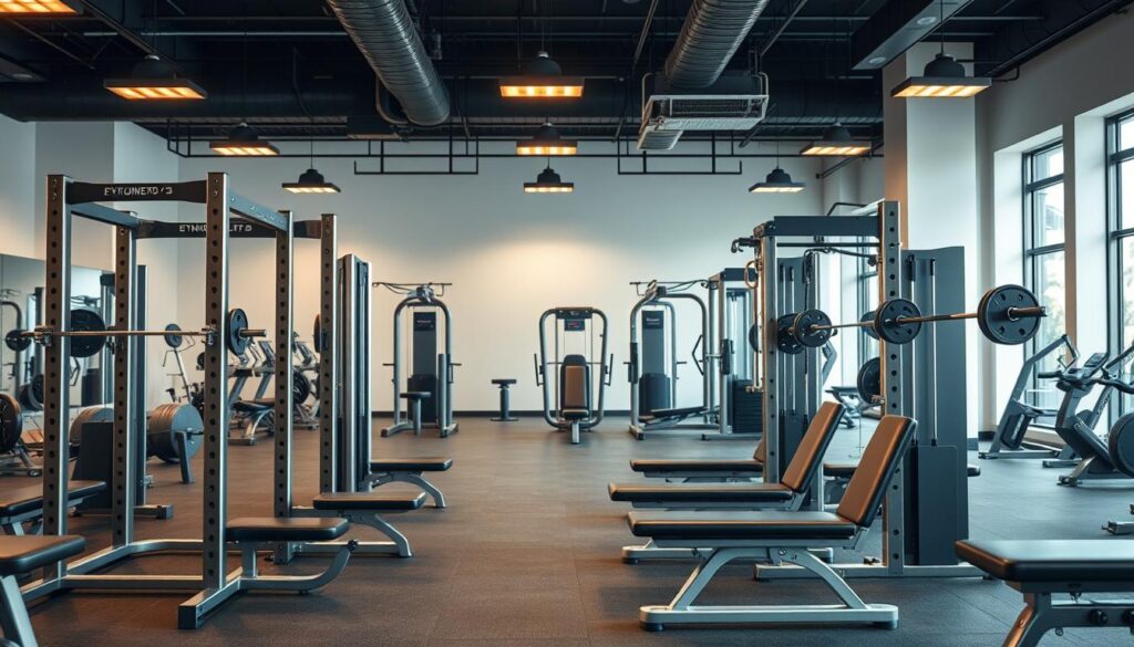 A sleek, modern gym interior showcasing an array of high-quality strength training equipment. In the foreground, several state-of-the-art power racks and weight benches are prominently displayed, their metallic finishes gleaming under warm, overhead lighting. In the middle ground, a selection of adjustable cable machines and resistance training stations is neatly arranged, allowing for a variety of workout options. The background features a clean, minimalist design, with white walls and large windows that let in natural light, creating an inviting and motivating atmosphere. The overall scene conveys a sense of professionalism, attention to detail, and the promise of an exceptional workout experience. A sleek, modern gym interior showcasing an array of high-quality strength training equipment. In the foreground, several state-of-the-art power racks and weight benches are prominently displayed, their metallic finishes gleaming under warm, overhead lighting. In the middle ground, a selection of adjustable cable machines and resistance training stations is neatly arranged, allowing for a variety of workout options. The background features a clean, minimalist design, with white walls and large windows that let in natural light, creating an inviting and motivating atmosphere. The overall scene conveys a sense of professionalism, attention to detail, and the promise of an exceptional workout experience.