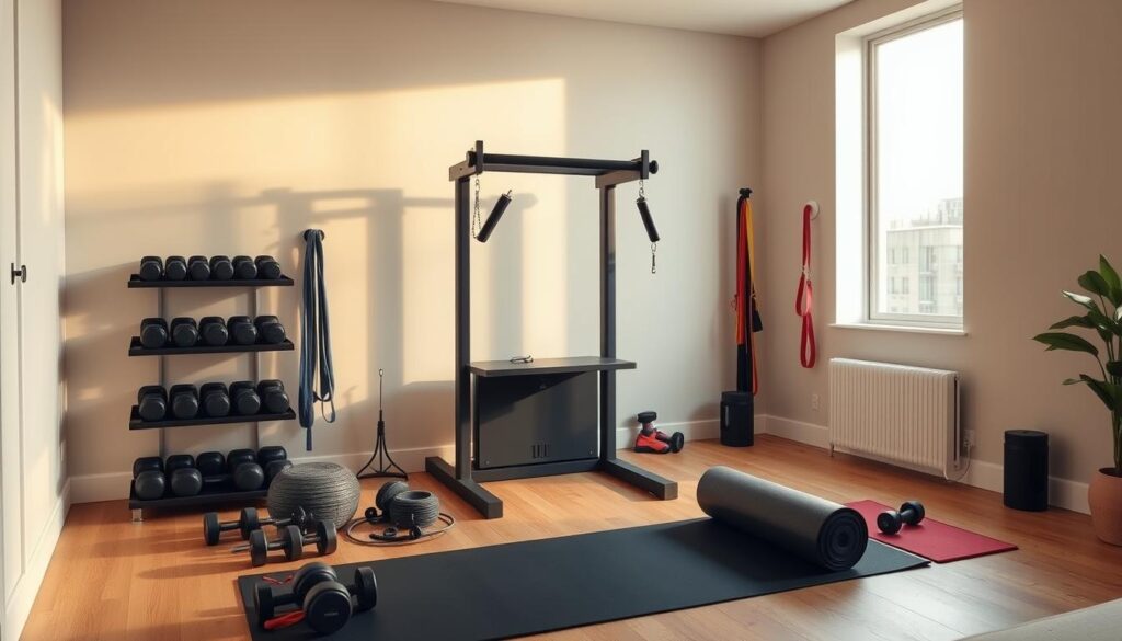 A sleek, modern home gym setup with a compact, space-saving power station. The station is placed in a well-lit corner, bathed in warm, natural lighting from a large window. The design is minimal and functional, with clean lines and a matte black or dark gray finish that seamlessly blends into the surroundings. Various workout equipment like dumbbells, resistance bands, and a yoga mat are neatly arranged around the station, creating an organized and practical home gym setup. The overall atmosphere is one of efficiency, practicality, and an elevated sense of wellness, perfectly suited for the active lifestyle of the modern homeowner. A sleek, modern home gym setup with a compact, space-saving power station. The station is placed in a well-lit corner, bathed in warm, natural lighting from a large window. The design is minimal and functional, with clean lines and a matte black or dark gray finish that seamlessly blends into the surroundings. Various workout equipment like dumbbells, resistance bands, and a yoga mat are neatly arranged around the station, creating an organized and practical home gym setup. The overall atmosphere is one of efficiency, practicality, and an elevated sense of wellness, perfectly suited for the active lifestyle of the modern homeowner.