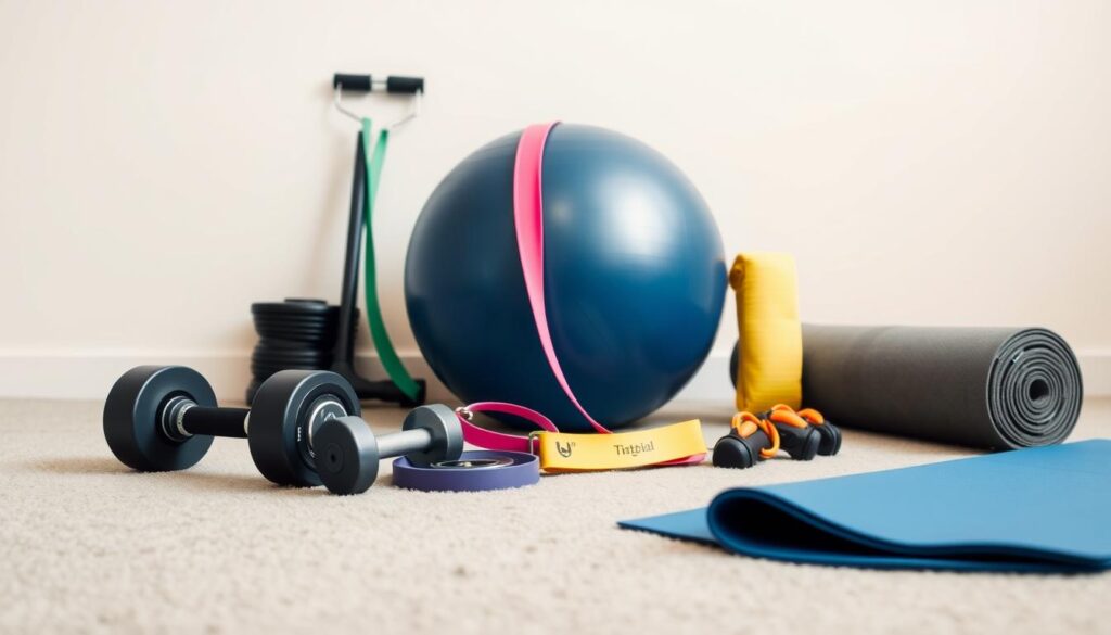 A well-equipped home gym featuring a variety of affordable fitness equipment, such as a pair of adjustable dumbbells, a resistance band set, a stability ball, and a simple yoga mat. The equipment is arranged neatly against a plain, minimalist background with soft, diffused lighting that creates a warm, inviting atmosphere. The scene conveys a sense of accessibility and practicality, showcasing how one can build a functional and cost-effective home fitness setup without breaking the bank. A well-equipped home gym featuring a variety of affordable fitness equipment, such as a pair of adjustable dumbbells, a resistance band set, a stability ball, and a simple yoga mat. The equipment is arranged neatly against a plain, minimalist background with soft, diffused lighting that creates a warm, inviting atmosphere. The scene conveys a sense of accessibility and practicality, showcasing how one can build a functional and cost-effective home fitness setup without breaking the bank.