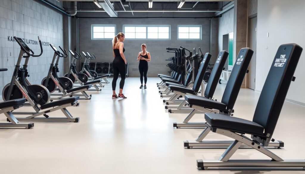 Kraftstationen Kaufberatung: A sleek, modern fitness center showcasing various exercise equipment. In the foreground, a well-lit display of adjustable, foldable strength training machines, their streamlined designs and metallic finishes catching the eye. The middle ground features a pair of fitness enthusiasts, clad in activewear, examining the machines and evaluating their features. In the background, a minimalist, industrial-style setting with concrete walls and large windows, allowing natural light to flood the space, creating a bright, airy atmosphere conducive to an immersive workout experience. Subtle hints of the brand's identity, such as clean typography or a discreet logo, lend an air of professionalism to the scene. Kraftstationen Kaufberatung: A sleek, modern fitness center showcasing various exercise equipment. In the foreground, a well-lit display of adjustable, foldable strength training machines, their streamlined designs and metallic finishes catching the eye. The middle ground features a pair of fitness enthusiasts, clad in activewear, examining the machines and evaluating their features. In the background, a minimalist, industrial-style setting with concrete walls and large windows, allowing natural light to flood the space, creating a bright, airy atmosphere conducive to an immersive workout experience. Subtle hints of the brand's identity, such as clean typography or a discreet logo, lend an air of professionalism to the scene.